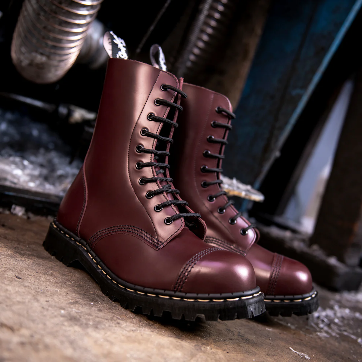 Oxblood Hi-Shine 10 Eye Steel Toe Capped Derby Boot - Image 6
