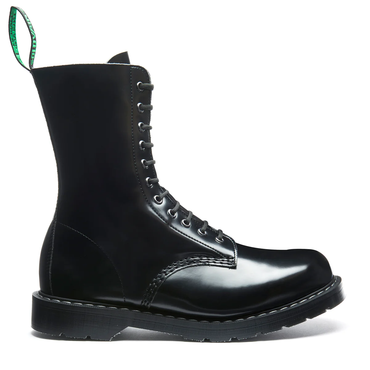 Black Vegan Hi-Shine 11 Eye Derby Boot